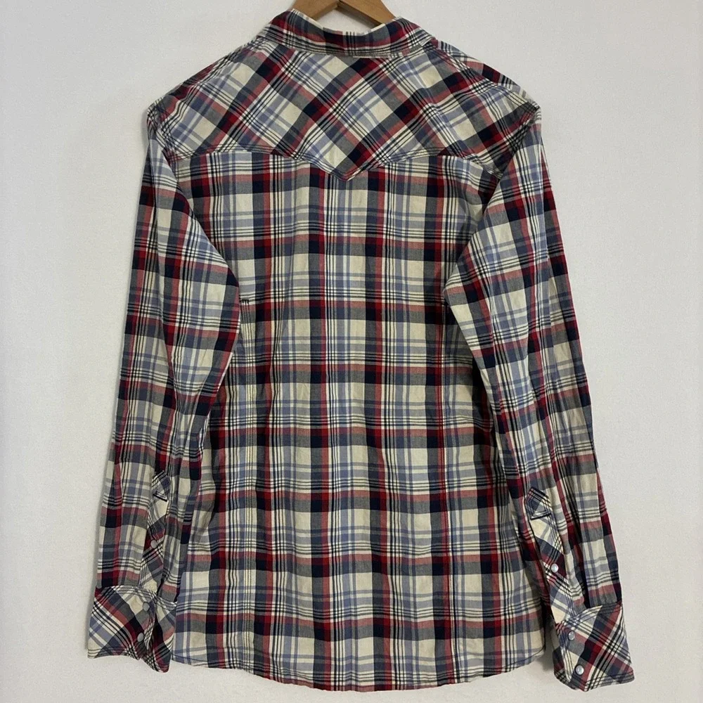 True Religion Western Shirt Mens Size L Plaid Pearl Snap Cowboy Logo Ranch Rodeo